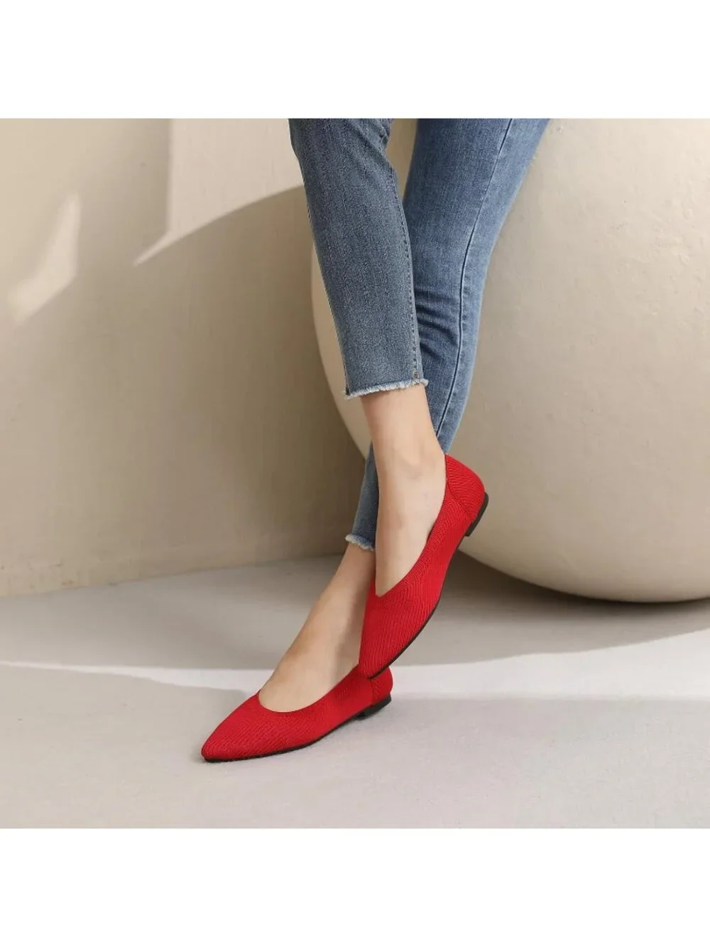 Women's Red Pointed Toe Comfort Foldable Slip On Dressy Knit Ballet Flat Shoes